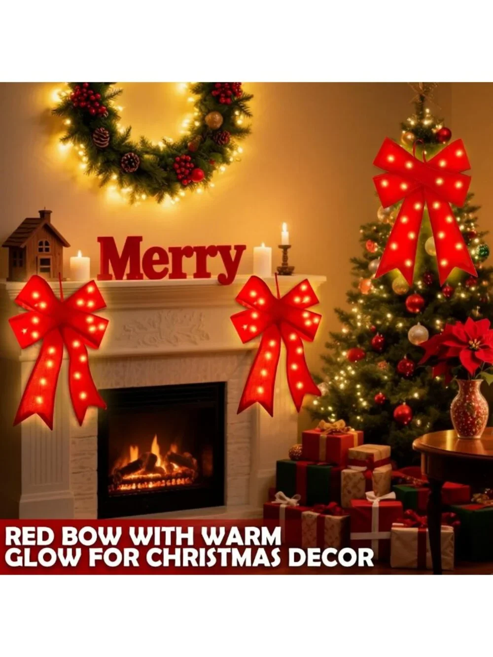 Set of 3 Large Prelit Red Velvet Christmas Bows with LED Lights & Remote Timer
